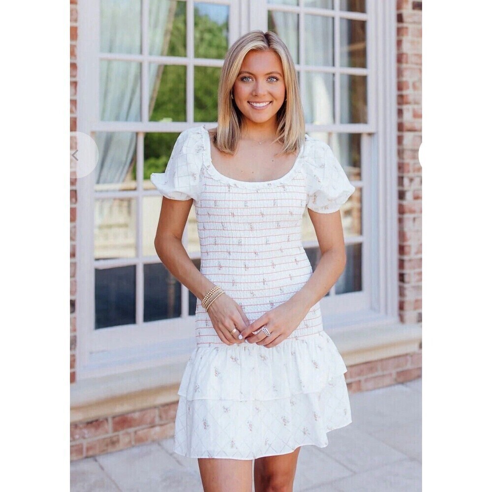Sweet En Forme White Floral Ruched Mini Dress Smocked Cottagecore Medium NWT